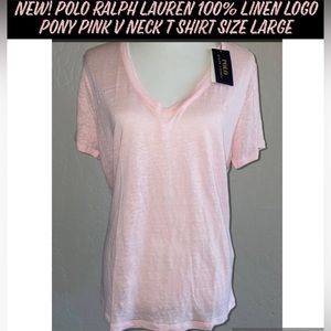 🎉HP🎉New! Polo Ralph Lauren 100% Linen Logo Pony Pink V Neck T Shirt Large🎀